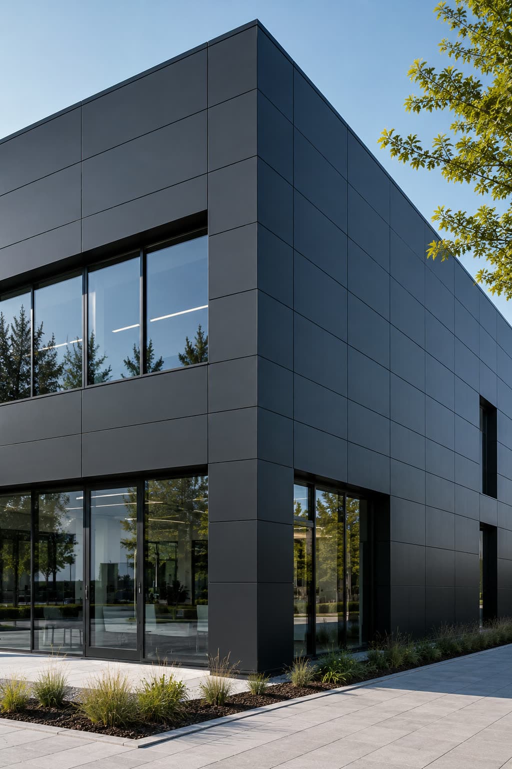 Bâtiment contemporain habillé de cassettes aluminium anthracite, larges vitrages, joints fins.