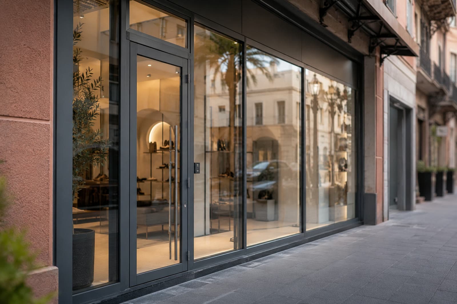 Boutique Agdal — devanture et vitrine en aluminium anthracite, grandes glaces et porte à poignée bâton.